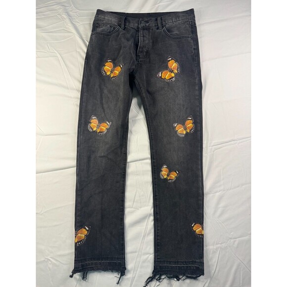 MNML Jeans Womens Size 33 Straight Butterfly Print Black 5 Pocket Raw Hem - Picture 1 of 8